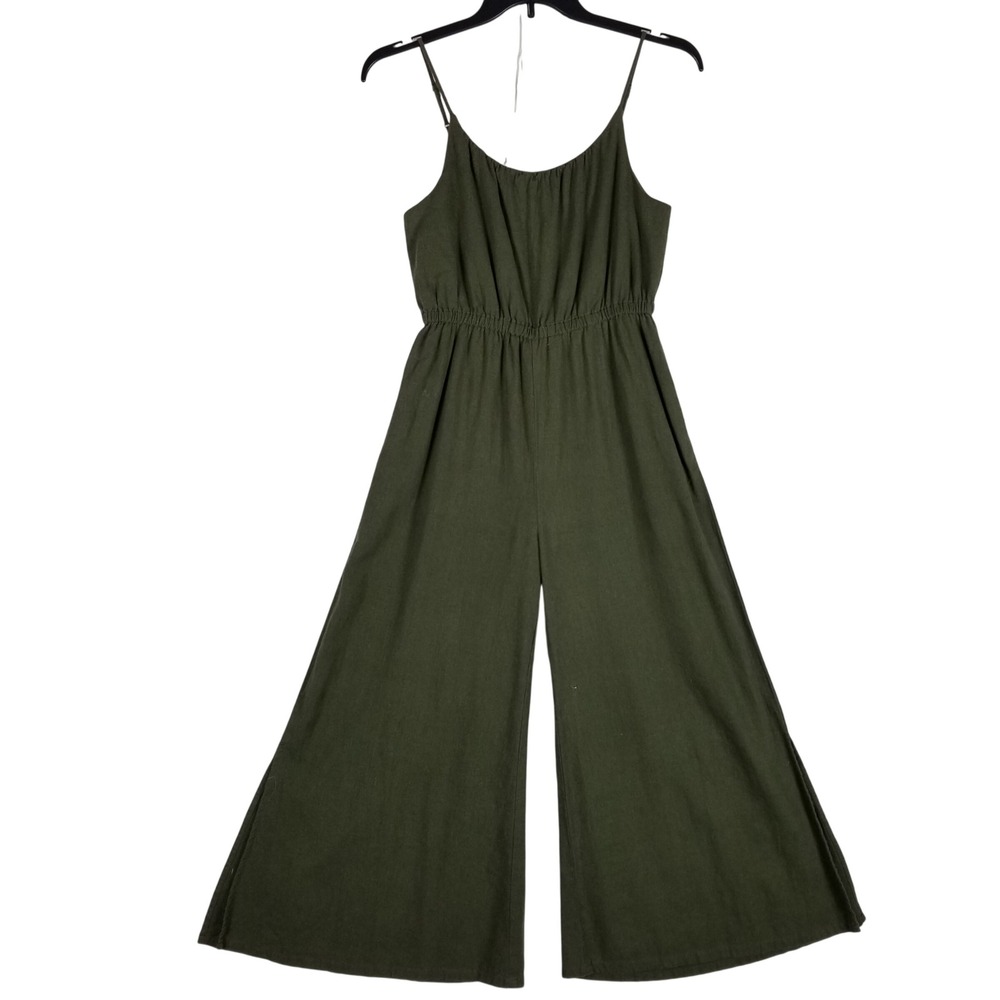 Haute Hippie Jumpsuit Womens S Olive Green Linen Blend Wide Leg Spaghetti Strap